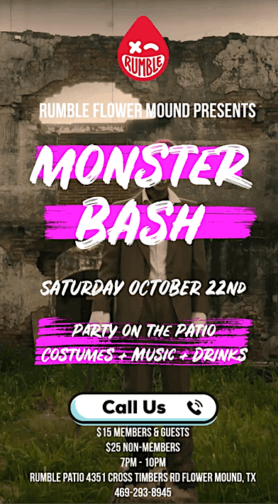Rumble Boxing Halloween Party - Monster Bash
Sat Oct 22, 7:00 PM - Sat Oct 22, 10:00 PM
in 2 days