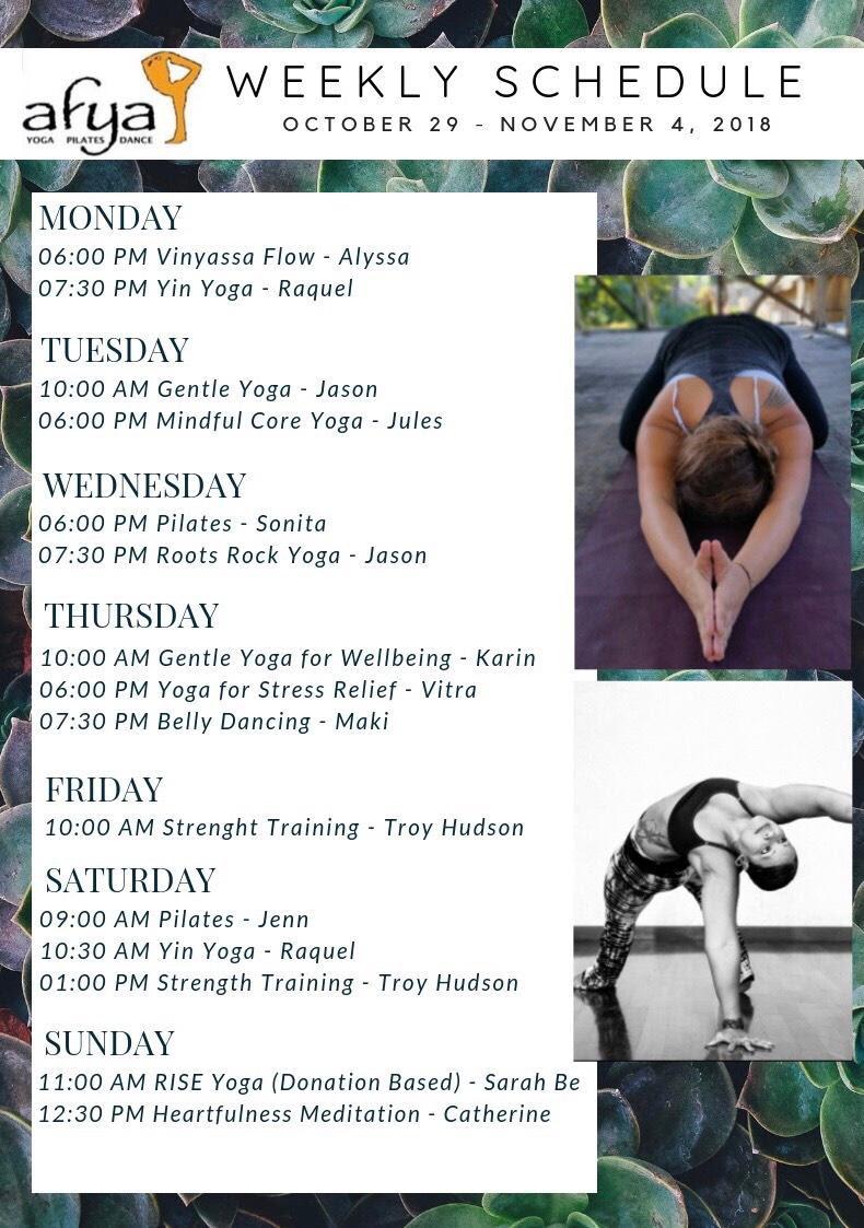 Afya Yoga Studio's Weekly Schedule
