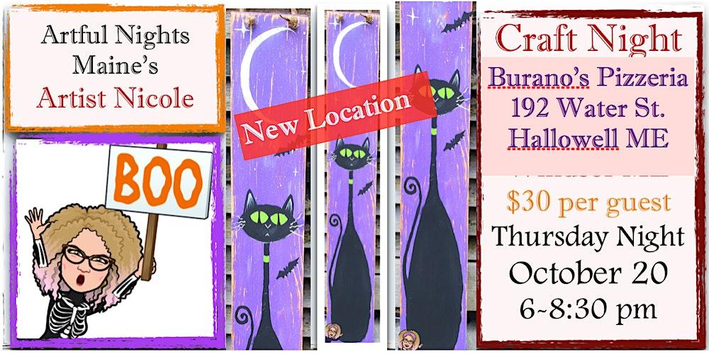 Craft Night, wooden Halloween sign NOW at Burano's Pizzeria, Hallowell